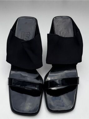 Salvatore Ferragamo Black Patent Leather Grosgrain Slide Heels Mules Italy 10B